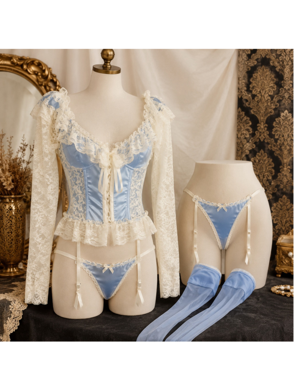 Women's Elegant Moments Corset Lingerie Set, Size 34, Blue & Ivory